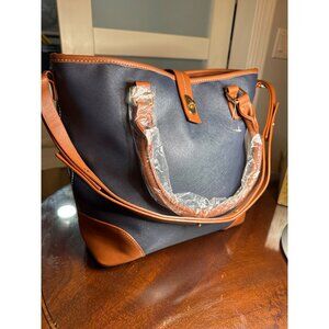 Navy & Brown Leather Tote Bag 11" by 16" Adjustable Strap & Zip Closure     AQ70